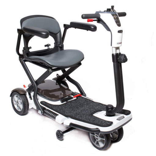 GoGo Folding Mobility Scooter - 3 wheels, angled left, unfolded armrests