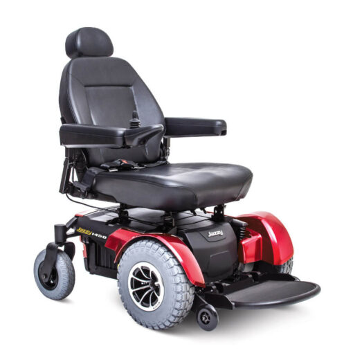 Jazzy 1450 power wheelchair in red, angled right