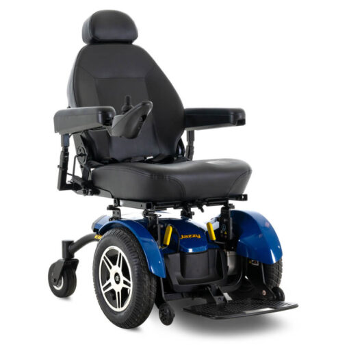 Jazzy Elite 14 powerchair in blue, right angled