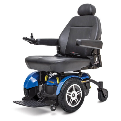 Jazzy Elite HD powerchair in blue, left angled