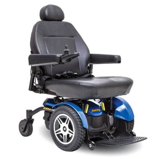 Jazzy Elite HD powerchair in blue, right angled