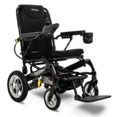 Jazzy Passport foldable powerchair in black, right angled