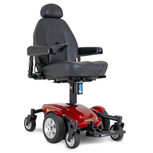 Jazzy Select 6 powerchair in red, angled right, seat elevated