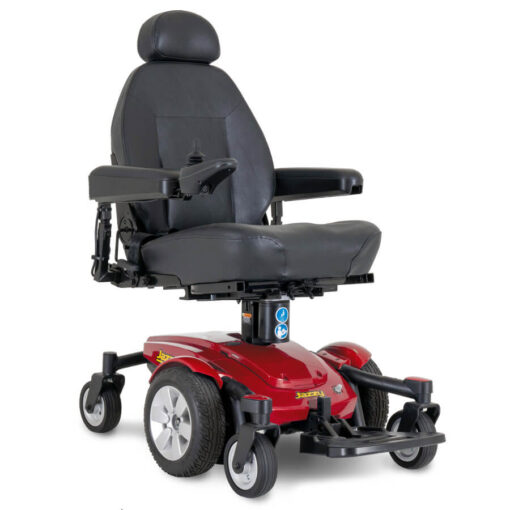 Jazzy Select 6 powerchair in red, angled right, seat half elevated