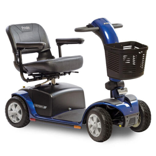 Pride Victory 10 four wheel mobility scooter in blue, angled right
