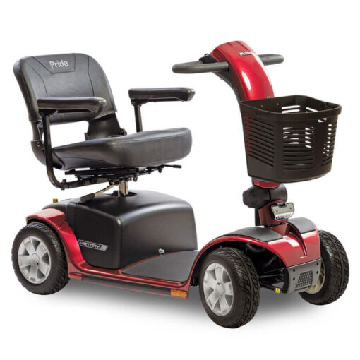 Pride Victory 10 four wheel mobility scooter in red, angled right