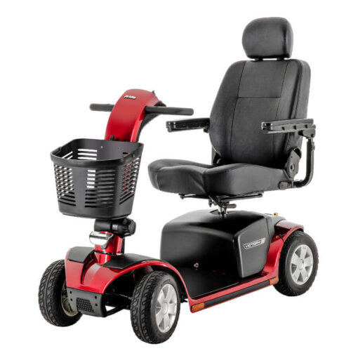 Pride Victory 10 four wheel mobility scooter in red with high back seat, angled left
