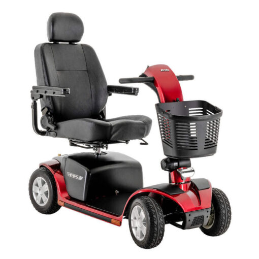 Pride Victory 10 four wheel mobility scooter in red with high back seat, angled right