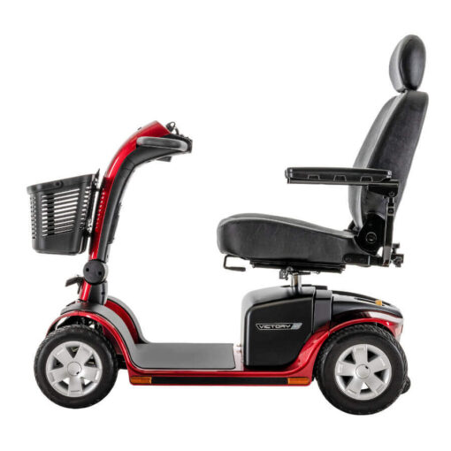 Pride Victory 10 four wheel mobility scooter in red with high back seat, left side view