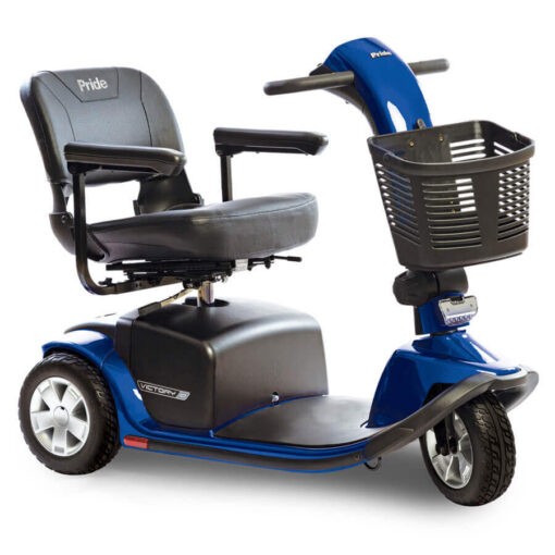 Pride Victory 10 three wheel mobility scooter in blue, angled right
