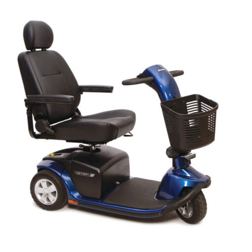 Pride Victory 10 three wheel mobility scooter in blue with high back seat, angled right
