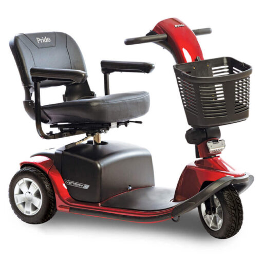 Pride Victory 10 three wheel mobility scooter in red, angled right