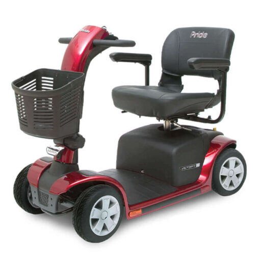 Pride Victory 9 four wheel mobility scooter in red, angled left