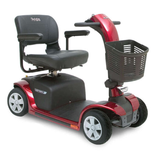 Pride Victory 9 four wheel mobility scooter in red, angled right