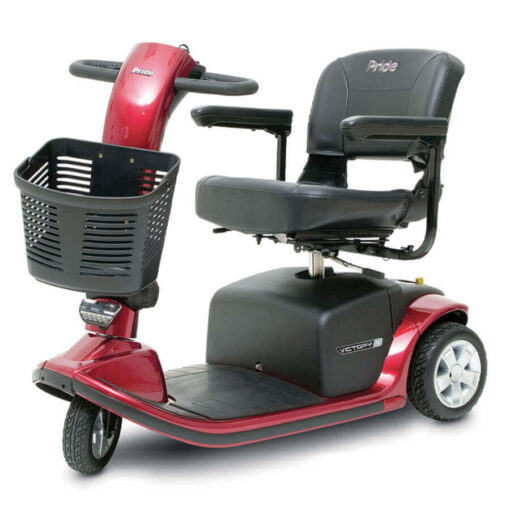 Pride Victory 9 three wheel mobility scooter in red, angled left