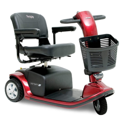 Pride Victory 9 three wheel mobility scooter in red, angled right