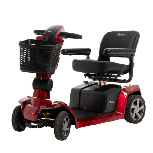 Pride Zero Turn 10 four wheel mobility scooter in red, angled left