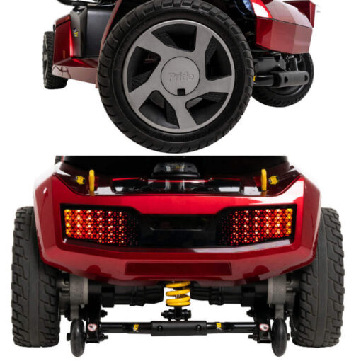 Pride Zero Turn 10 four wheel mobility scooter in red, close up of iTurn and rear CTS suspension