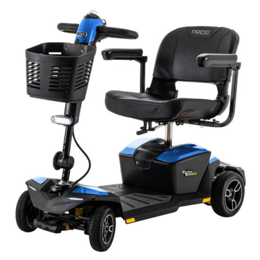 Pride Zero Turn 8 four wheel mobility scooter in blue, angled left
