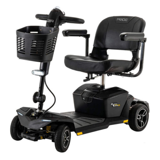 Pride Zero Turn 8 four wheel mobility scooter in onyx black, angled left