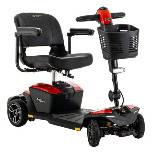 Pride Zero Turn 8 four wheel mobility scooter in red, angled right