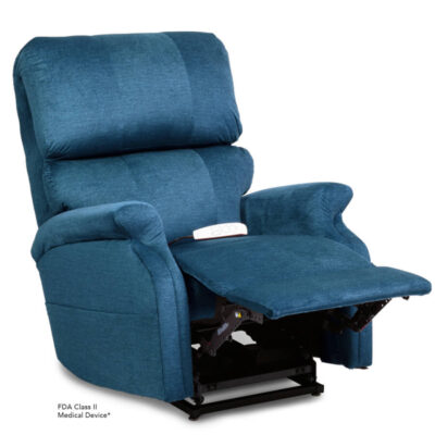 Pride power lift recliner - Infinity Collection – DuraSoft Deep Sky - Reading position.