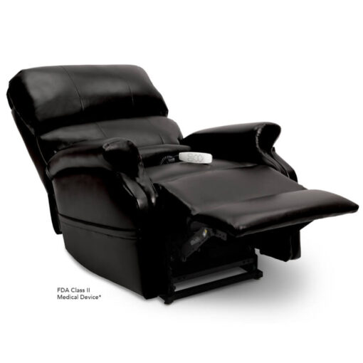 Pride power lift recliner - Infinity Collection – Lexis Sta-Kleen Black – Reclining position.