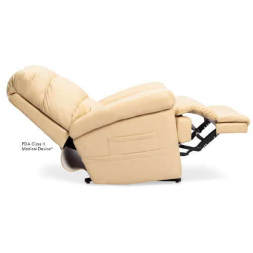 Pride's power lift recliner - Oasis Collection – UltaLeather Buff - Reclined position.