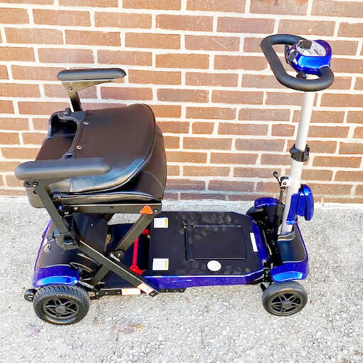 Drive's Zoome Auto Flex Folding Four-Wheeled Mobility Scooter in Blue: right side view with seat down
